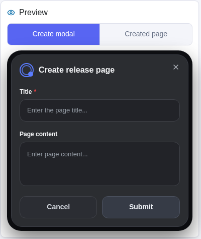 Discord create-page modal with title and page-content fields plus Cancel and Submit actions.