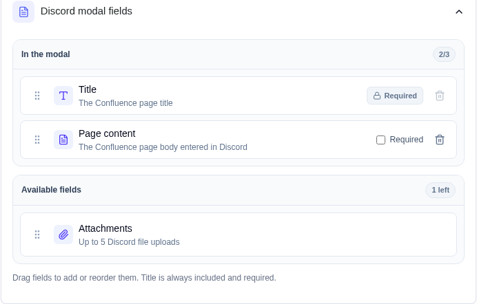 Complete Discord modal-field controls for title, page content, and attachments.