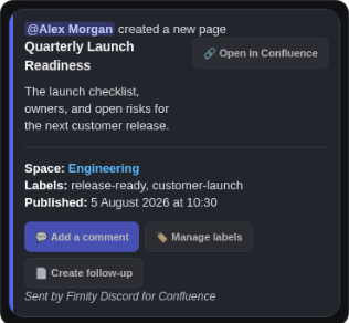 Discord notification card for a Confluence page with comment, label, and follow-up quick actions.