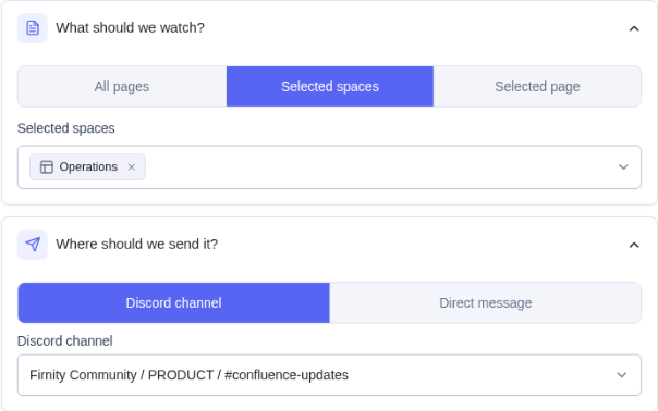 Complete notification controls for choosing Confluence pages and a Discord destination.