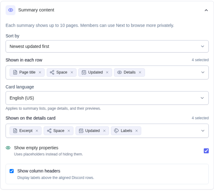 Complete scheduled-summary controls for result limits, visible fields, card language, and page details.